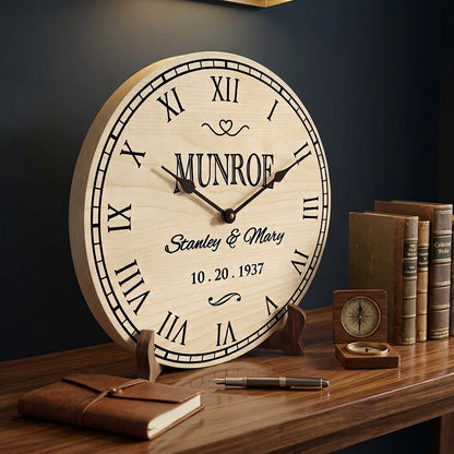 Personalized round wooden wall clock with Roman numerals, displayed on a wooden desk with a notebook, pen, books, and a small compass against a dark blue wall.