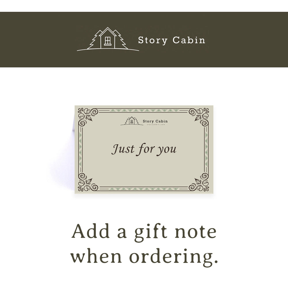 A gift note card from Story Cabin with the message 'Just for you' in a decorative border frame, shown on a white background with the text 'Add a gift note when ordering.' and the Story Cabin logo at the top.