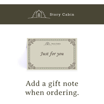 A gift note card from Story Cabin with the message 'Just for you' in a decorative border frame, shown on a white background with the text 'Add a gift note when ordering.' and the Story Cabin logo at the top.