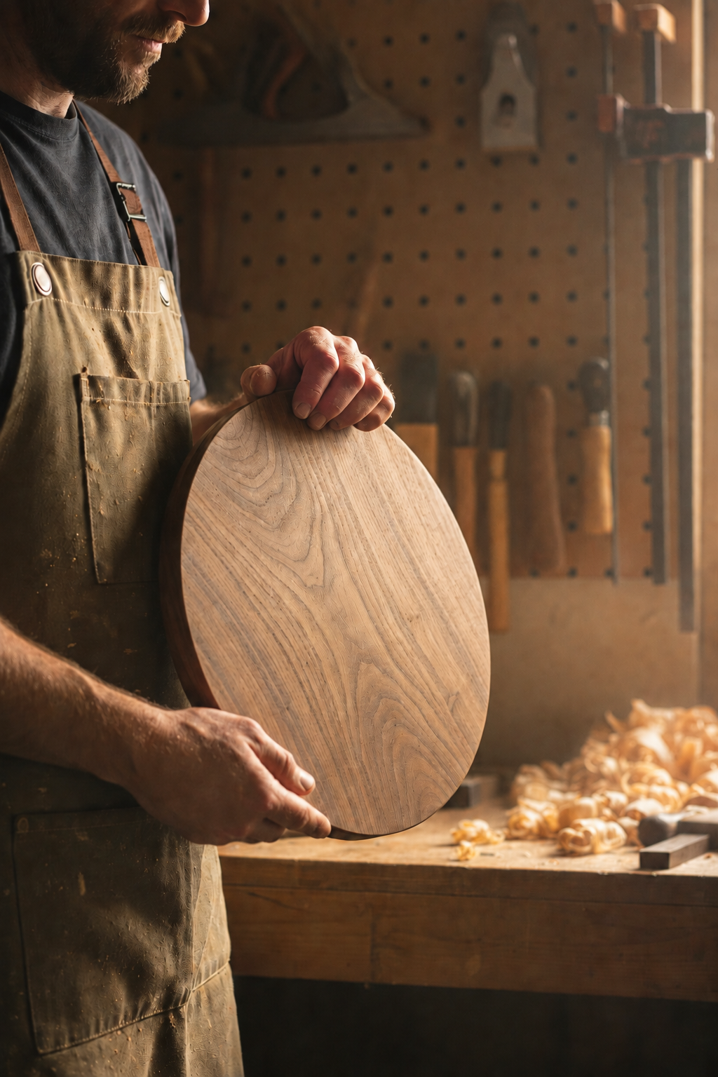 A woodworker in a brown apron holds a round, unfinished wooden board with visible grain patterns, set against a warm workshop background with tools and wood shavings.